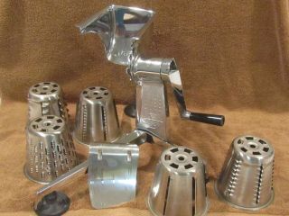 Vintage Saladmaster Food Processor Grinder Slicer Shredder Finger Guard 5 Cones