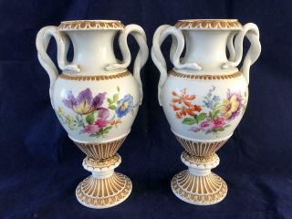 Fine Antique Meissen Porcelain Hand Painted Floral Vases Snake Handles