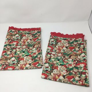Set Of 2 Christmas Bears Pillow Cases Red Ruffle Standard Size Vintage