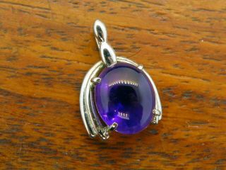Vintage Sterling Silver Modern Oval Amethyst Cabachon Solitaire Pendant Charm