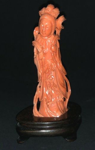 Fine Chinese Hand Carved Red Coral Kwan Yin Figure Statue