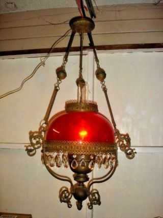 John Scott England Electric Hanging Lamp W/red Glass Shade,