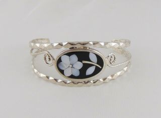 Mexico Alpaca Silver Mother Of Pearl Flower Bracelet 6.  5 " Cuff Signed Vintage