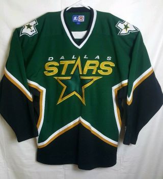 Vintage Starter Men L Dallas Stars Hockey Jersey Nhl Sewn Logo Green Black 90s