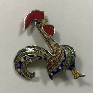 Vintage Chinese Export Sterling Silver Filigree Rooster Enamel Pin Brooch