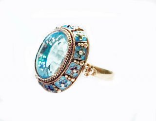 Vintage Chinese Silver & Enamel Ring,  Step - Cut Faceted Blue Stone