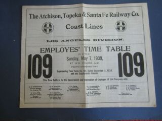 Old Vintage 1939 Santa Fe Railway Employee Time Table - Coast Lines Los Angeles