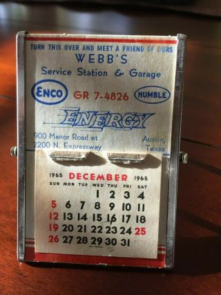 Vintage 1965 Enco Humble Service Station Pocket Calendar Austin Tx.  Mirror