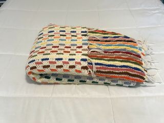 Vintage Retro Hand Crocheted Afghan Throw Multi Colored Thin Stripes Boho