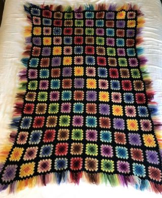 Vintage Handmade Crochet Fringed Granny Square Blanket Afghan Throw Make Offer