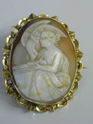 A Large Antique Victorian High Carat Gold Hebe & Zeus Eagle Shell Cameo Brooch