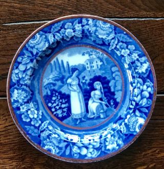 Antique Pottery Pearlware Blue Transfer Side Plate Riley ‘girl Gardeners”c1820