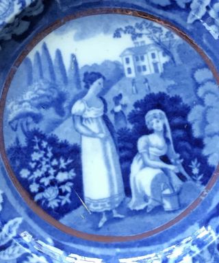 Antique Pottery Pearlware Blue Transfer side plate Riley ‘girl gardeners”c1820 2