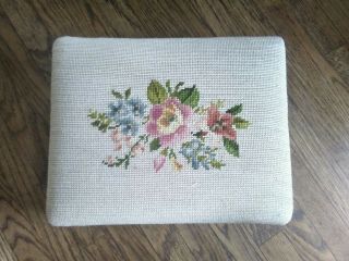 Vintage Hand Stitched Floral Needlepoint Wood Foot Stool Ivory Pink Green Blue