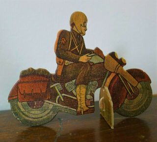 Antique Vintage Wwi Soldier On Motorcycle Cardboard Litho Stand 4 "