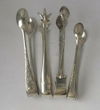 4 Pairs Of Antique Solid Sterling Silver Sugar Tongs/ 91 G