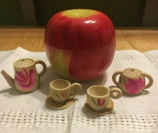 Vintage Wooden Apple With Minature Tea Set Nestled Inside Hand Painted Japan