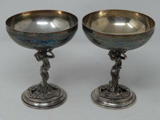 Pair Vintage Silver Plated Champagne Goblets With Cast Figural Stems Of Bacchus