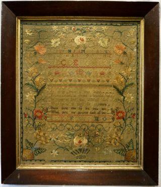 Mid 19th Century Verse & Flower Basket Sampler By Mary Witham Aged 12 - 1841