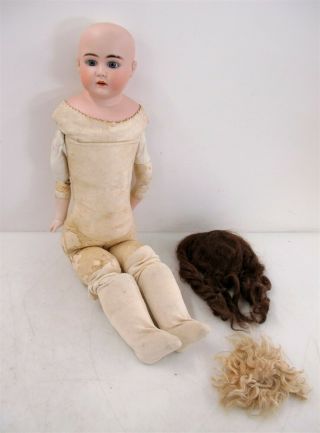 German Bisque 27 " Jointed Doll Bisque Head Leather Body Wax Eyes