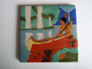 Large Size San Jose Mission Art Pottery Tile Indian Canoe Arts & Crafts 8x8 In.