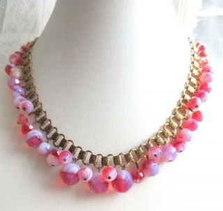 Art Deco Vintage Pink Opalescent Glass Bead Drops Fringe Necklace