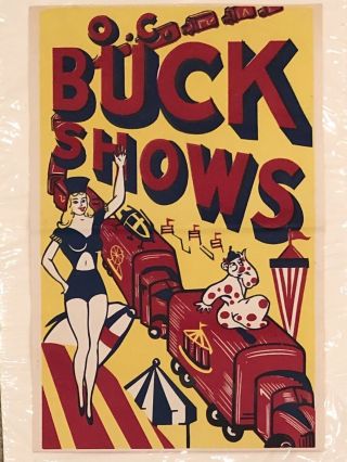 Rare Buck Shows Vintage Carnival Fair Traveling Circus Poster 1940s 50s