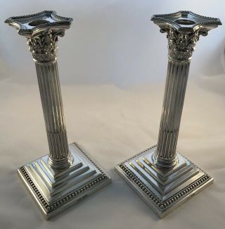 Solid Silver Corinthian Column Candlesticks Sheffield 1961 9 Inches