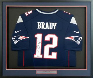 Patriots Tom Brady Autographed Framed Blue Nike Jersey Tristar Holo 151443