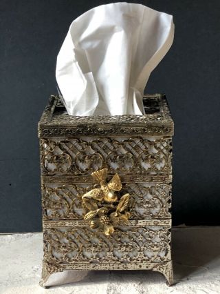 Vintage Gold Gilt Hollywood Bird Tissue Kleenex Holder Cover Antique Filigree