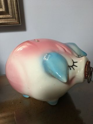 Vintage Hull Pottery 1957 Corky Pig Piggy Bank Pink Blue W/ Cork Nose Usa