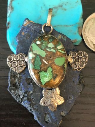 Vintage Native American Turquoise Sterling Silver Heart Star Stamped Pendant 5 G