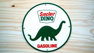 Vintage Sinclair Dino Gasoline Porcelain Enamel 11 3/4  Sign Gas Oil Pump Plate
