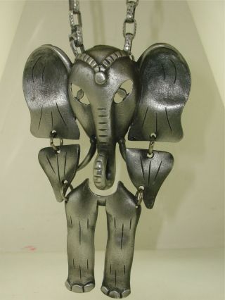 Large Vintage Articulated Silver India Elephant Pendant Necklace Estate Find