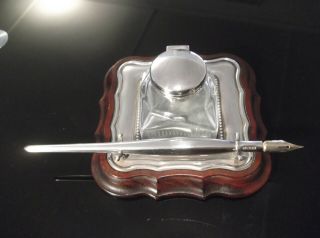 Carrs Of Sheffield Hallmarked Sterling Silver Desk Inkstand,  Inkwell & Dip Pen