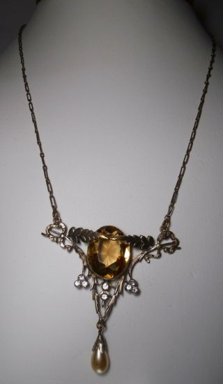 Vintage Jewellery Art Nouveau Style Paste Citrine Rhinestone Faux Pearl Necklace