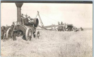 Vintage 1910s Farming Rppc Photo Postcard Threshing Scene / Steam Tractor & Crew