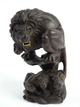 Fine Antique Japanese Meiji Period Wood Carving Of A Pride Of Lions Japan