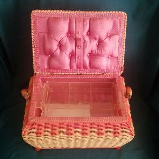 Vintage Wicker Rattan Sewing Basket Box Storage Case With Handle And Tray