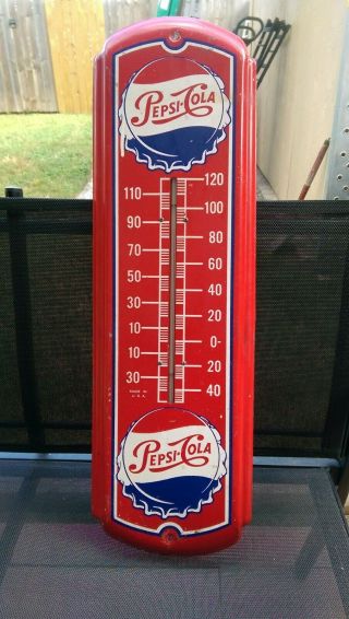 Old Vintage Pepsi Cola Trade Sign Thermometer Bottle Cap Logo Retro