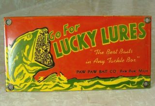 VINTAGE LUCKY LURES PAW PAW BAIT COMPANY FISHING TACKLE PORCELAIN SIGN 2