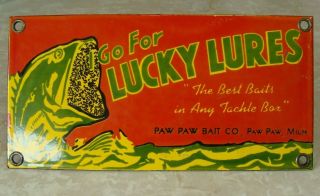VINTAGE LUCKY LURES PAW PAW BAIT COMPANY FISHING TACKLE PORCELAIN SIGN 3