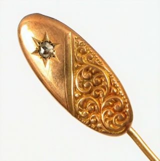Antique 14k Yellow Gold Fine Rose Cut Diamond Scroll Design Hat Stick Pin 1.  13g