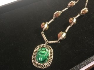 Vintage Scarab Pendant Necklace,  Brown & Green Scarabs,  Silvertone Chain