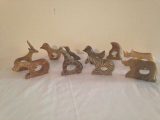 Vintage Wooden Safari Animal Set Of 10 Napkin Rings Hand Carved