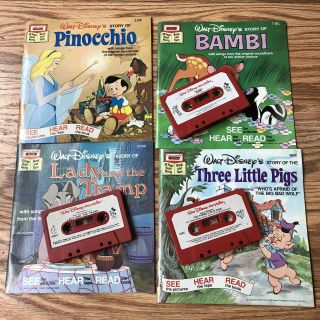 3 Vintage Disney Read Along Book Tape Cassette Bambi Lady Tramp Little Pigs
