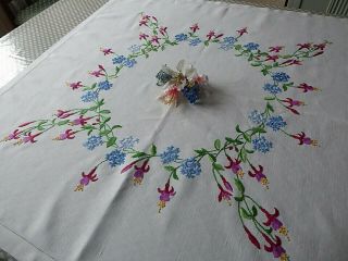 Vintage Hand Embroidered Tablecloth=exquisite Flowers Circle/fuchsias&cornflower