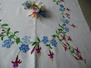 VINTAGE HAND EMBROIDERED TABLECLOTH=EXQUISITE FLOWERS CIRCLE/FUCHSIAS&CORNFLOWER 3