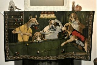 Vintage Dogs Playing Pool Billiards Felt Velvet Bar Wall Art Hanging Tapestry