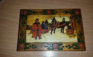 Vintage Folk Art Wooden Box Pictoral Scene - Rusian Folk Art